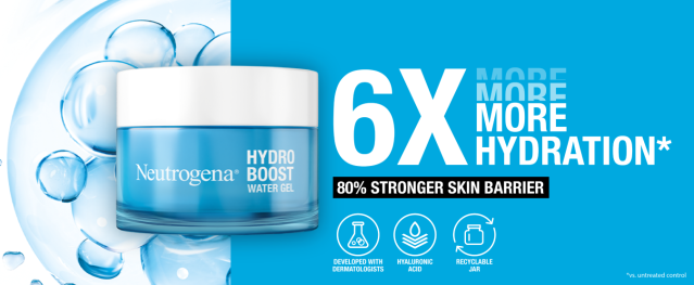 Neutrogena Hydro Boost water gel 6x more hydration and 80% stronger skin barrier.